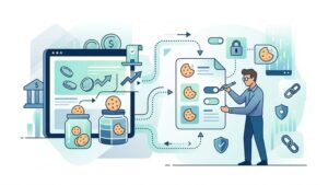 Современная иллюстрация с иконкой печенья и цифровыми элементами для статьи о политике cookie МФО